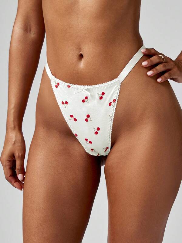 MISSGUIDED Cherry Print Thong With Picot Trim
