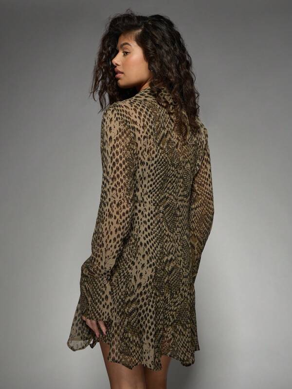 MISSGUIDED Chic Animal Print Button-Down Long Sleeves Mini Shirt Dress