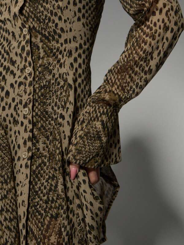 MISSGUIDED Chic Animal Print Button-Down Long Sleeves Mini Shirt Dress