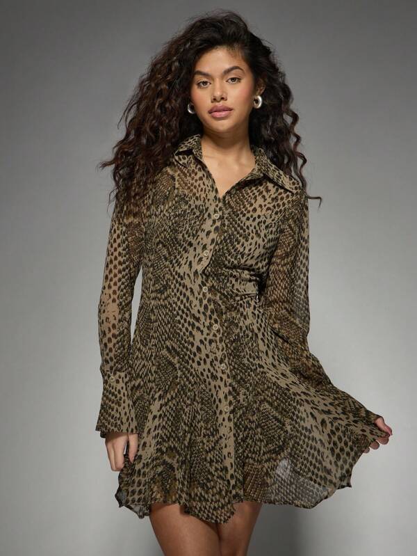 MISSGUIDED Chic Animal Print Button-Down Long Sleeves Mini Shirt Dress