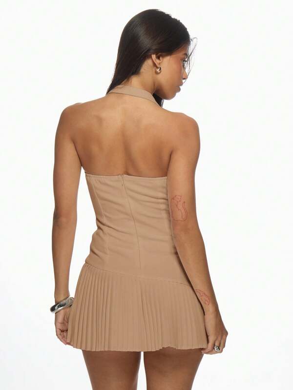 MISSGUIDED Chic Halter Bodycon Fitted Pleated Skirt Mini Dresses