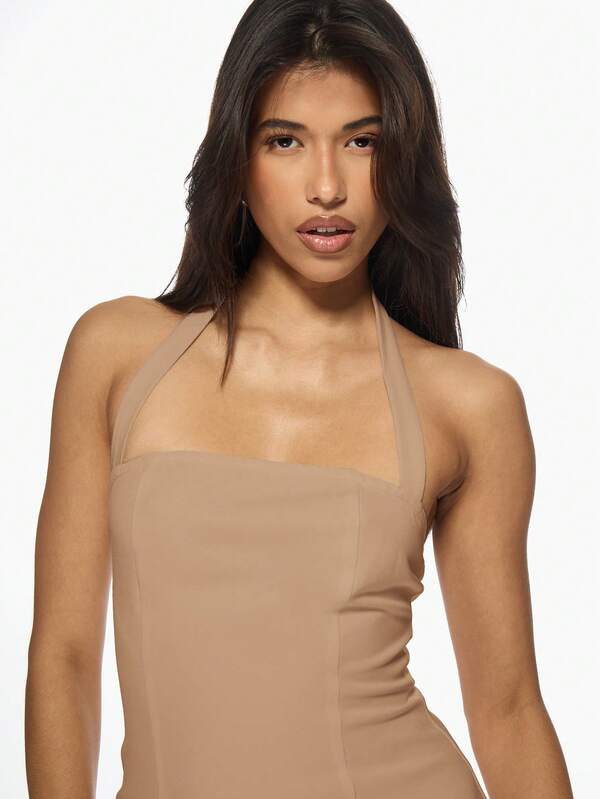 MISSGUIDED Chic Halter Bodycon Fitted Pleated Skirt Mini Dresses
