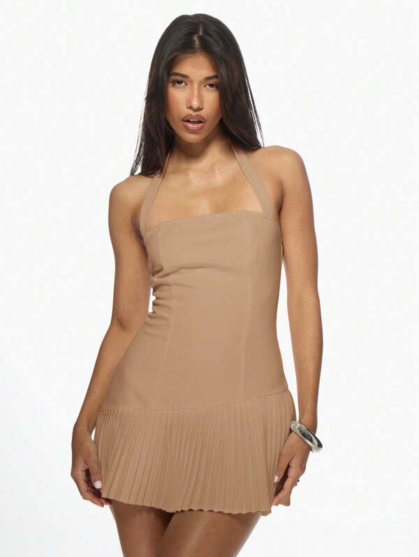 MISSGUIDED Chic Halter Bodycon Fitted Pleated Skirt Mini Dresses