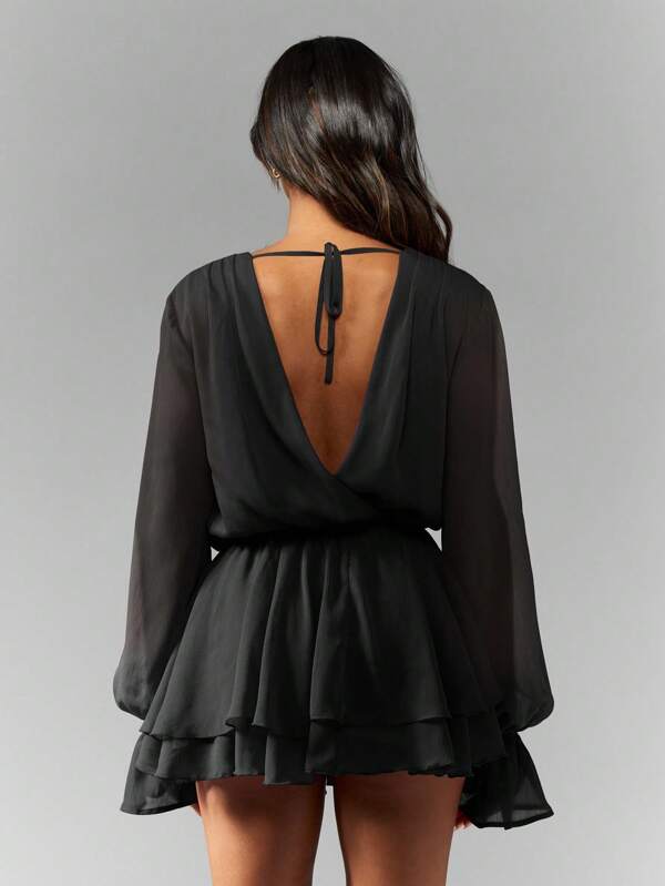 MISSGUIDED Chiffon Balloon Sleeve Cowl Neck Open Back Ruffled Tiered Skirt Mini Dress