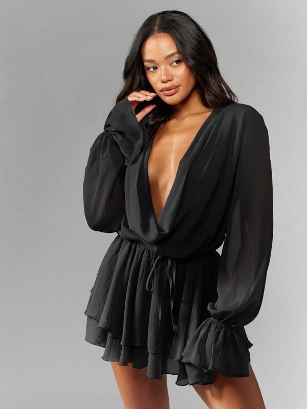 MISSGUIDED Chiffon Balloon Sleeve Cowl Neck Open Back Ruffled Tiered Skirt Mini Dress
