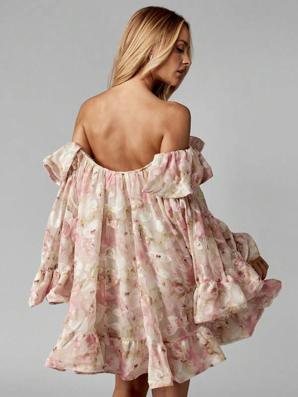 MISSGUIDED Chiffon Bardot Mini Dress With Ruffle Bell Sleeves