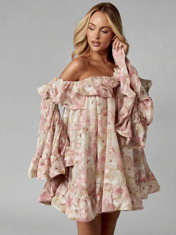MISSGUIDED Chiffon Bardot Mini Dress With Ruffle Bell Sleeves