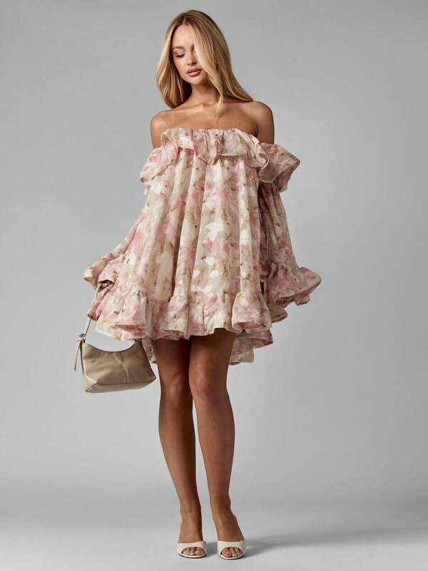 MISSGUIDED Chiffon Bardot Mini Dress With Ruffle Bell Sleeves