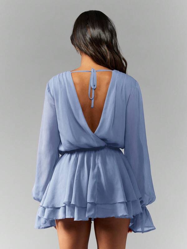 MISSGUIDED Chiffon Cowl Neck Dress With Puff Sleeves And Ruffle Layers