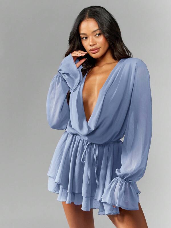 MISSGUIDED Chiffon Cowl Neck Dress With Puff Sleeves And Ruffle Layers
