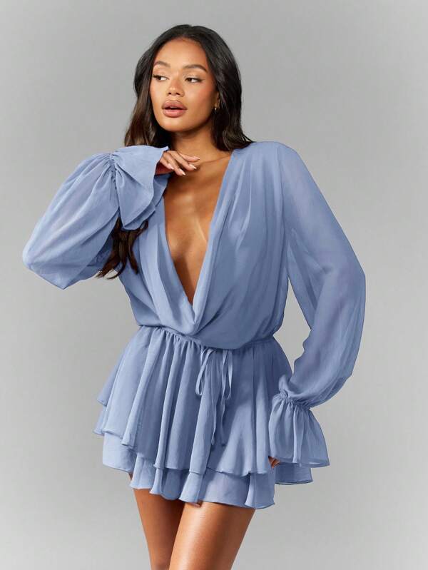 MISSGUIDED Chiffon Cowl Neck Dress With Puff Sleeves And Ruffle Layers