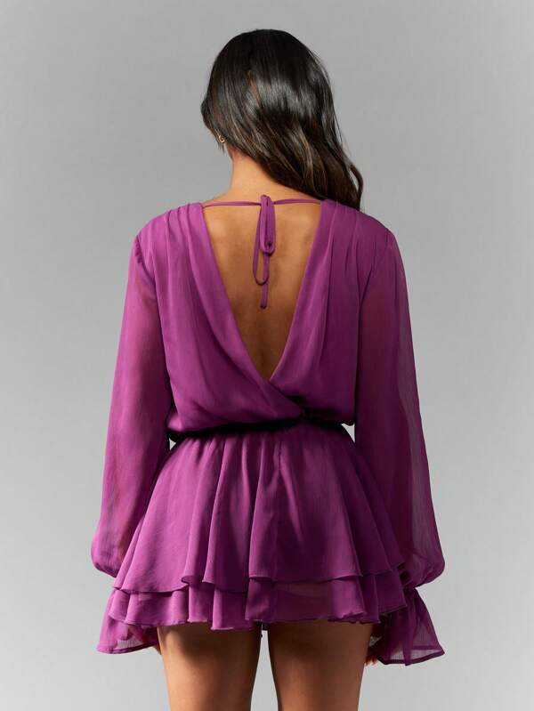 MISSGUIDED Chiffon Long Sleeve Plunging Neckline Mini Wrap Dress
