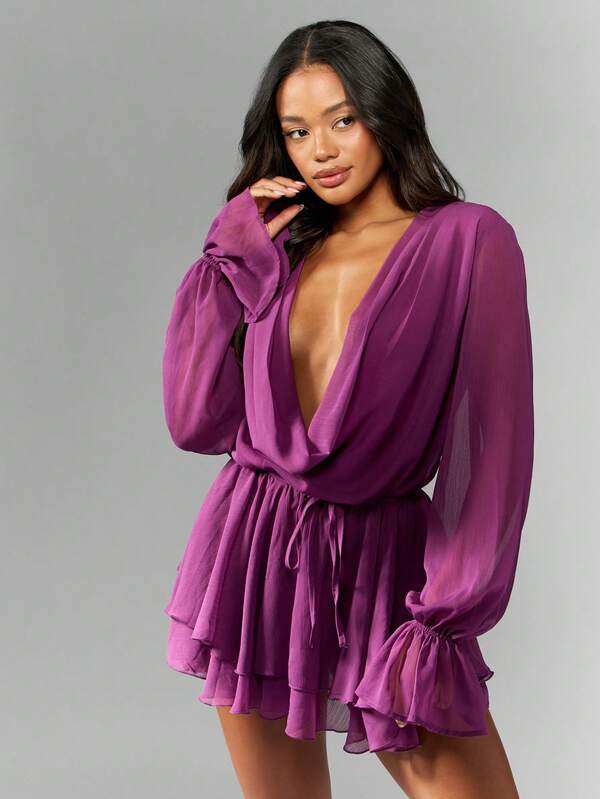 MISSGUIDED Chiffon Long Sleeve Plunging Neckline Mini Wrap Dress
