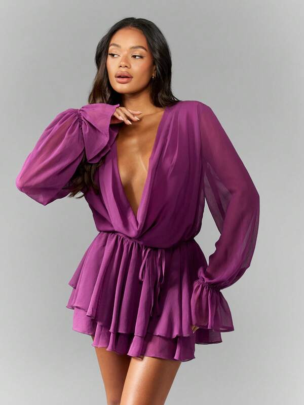 MISSGUIDED Chiffon Long Sleeve Plunging Neckline Mini Wrap Dress