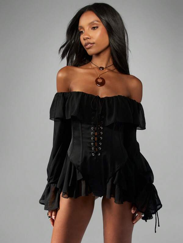 MISSGUIDED Chiffon Milkmaid Bodysuit With Corset And Bell Sleeves