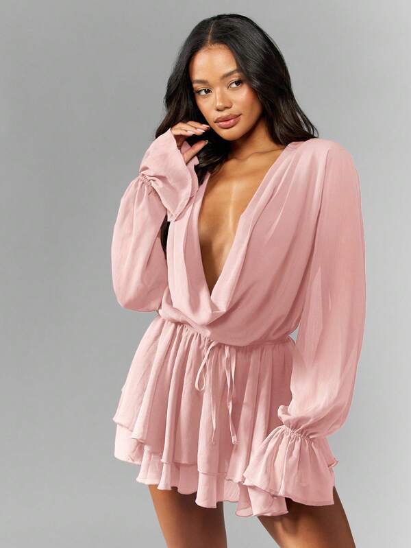 MISSGUIDED Chiffon Mini Dress With Balloon Sleeves And Ruffles