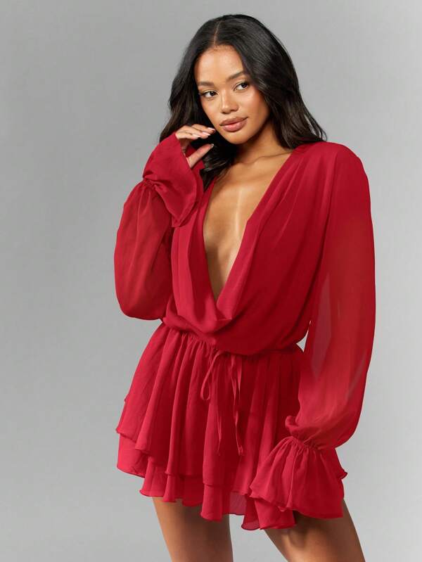 MISSGUIDED Chiffon Mini Dress With Cowl Neck And Ruffle Skirt