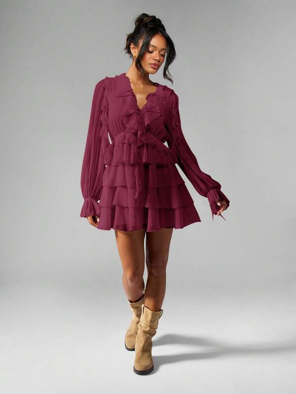 MISSGUIDED Chiffon Ruffle Mini Dress With Balloon Sleeves