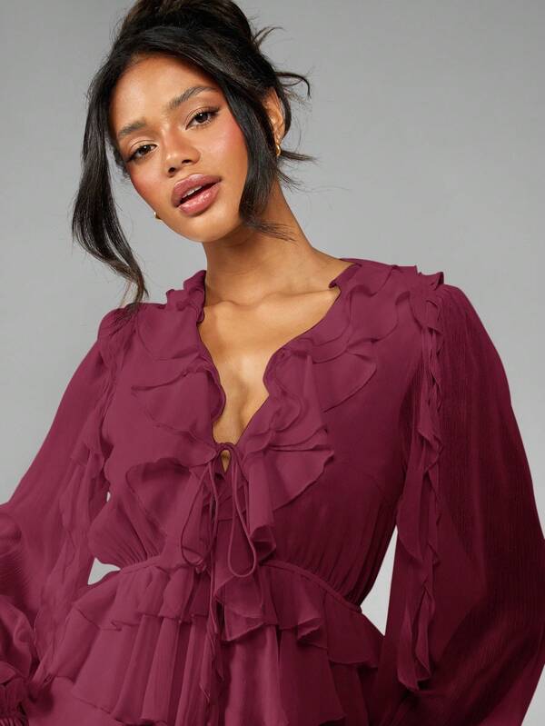 MISSGUIDED Chiffon Ruffle Mini Dress With Balloon Sleeves