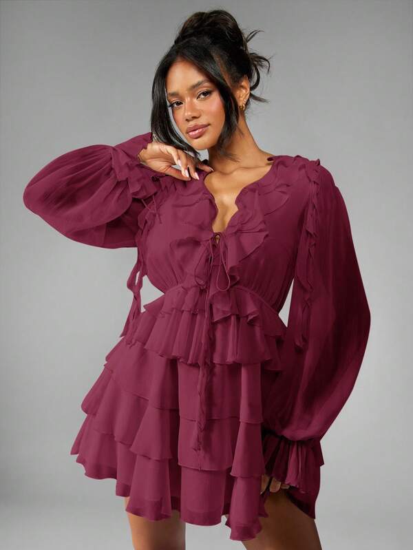 MISSGUIDED Chiffon Ruffle Mini Dress With Balloon Sleeves