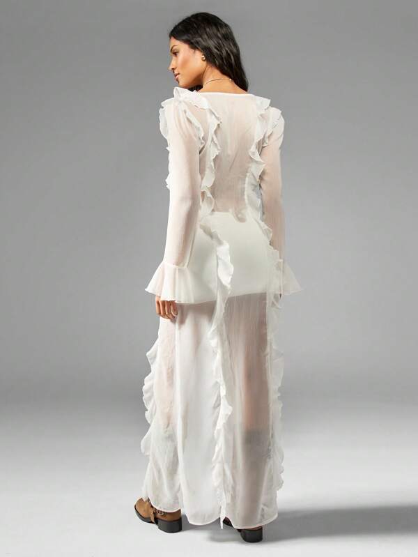MISSGUIDED Chiffon Ruffled Long Sleeve Maxi Dress With Tie Front Cut-Out