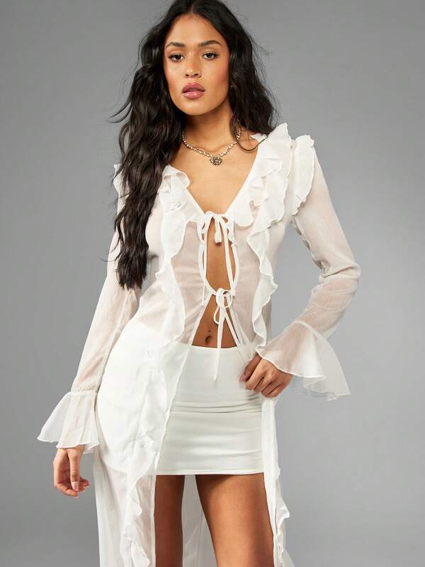 MISSGUIDED Chiffon Ruffled Long Sleeve Maxi Dress With Tie Front Cut-Out