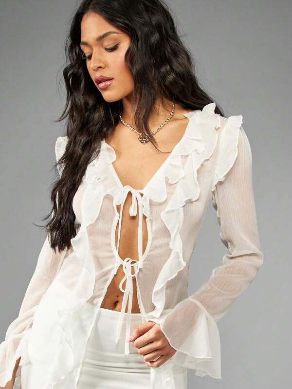 MISSGUIDED Chiffon Ruffled Long Sleeve Maxi Dress With Tie Front Cut-Out