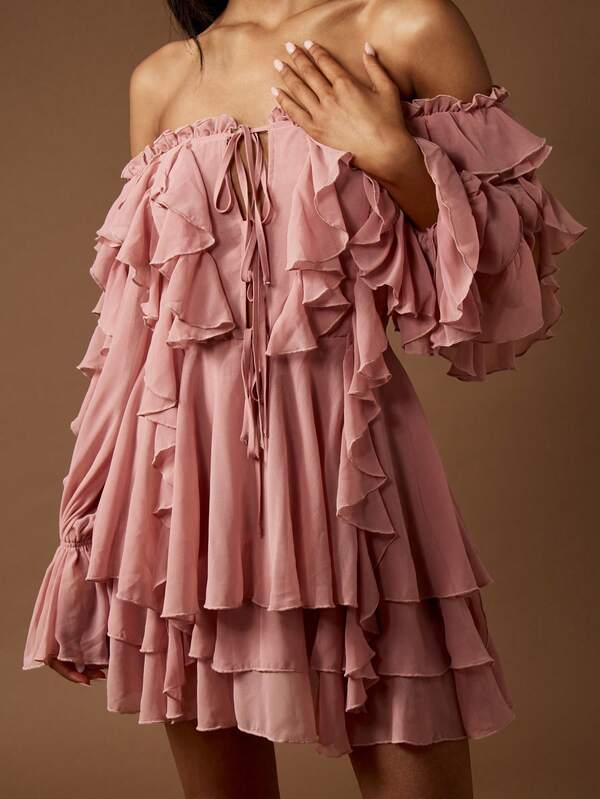 MISSGUIDED Chiffon Ruffled Off Shoulder Mini Dress