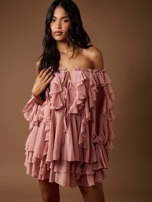 MISSGUIDED Chiffon Ruffled Off Shoulder Mini Dress