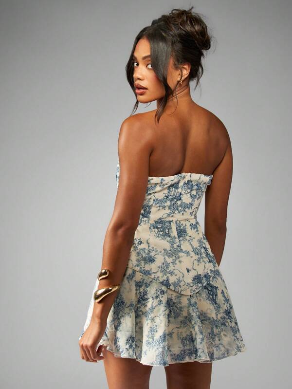 MISSGUIDED Chiffon Strapless Toile Print Mini Dress With Flare Skirt Ruffle Hem