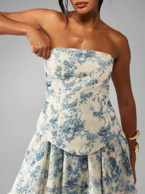 MISSGUIDED Chiffon Strapless Toile Print Mini Dress With Flare Skirt Ruffle Hem