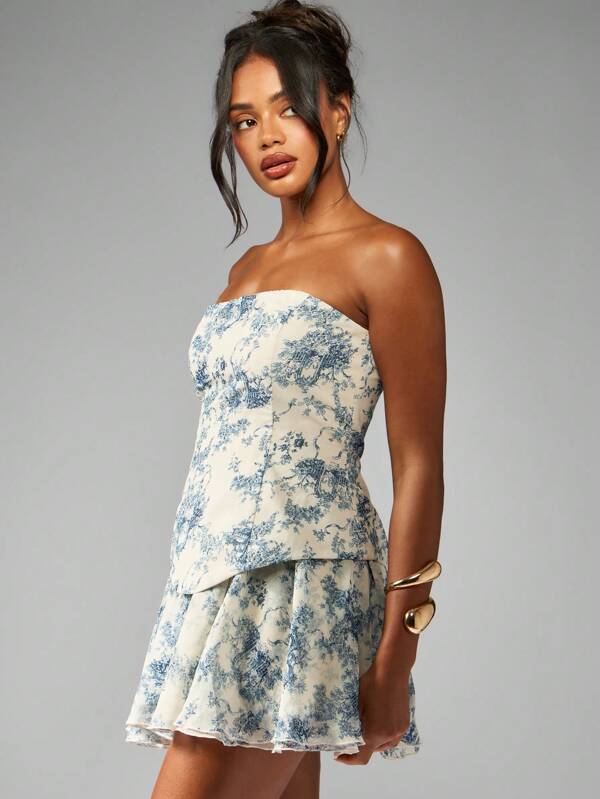 MISSGUIDED Chiffon Strapless Toile Print Mini Dress With Flare Skirt Ruffle Hem