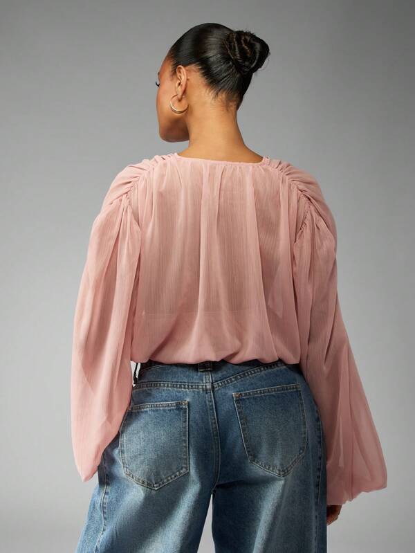 MISSGUIDED Chiffon Wrap Blouse With Balloon Sleeves And Tie Front
