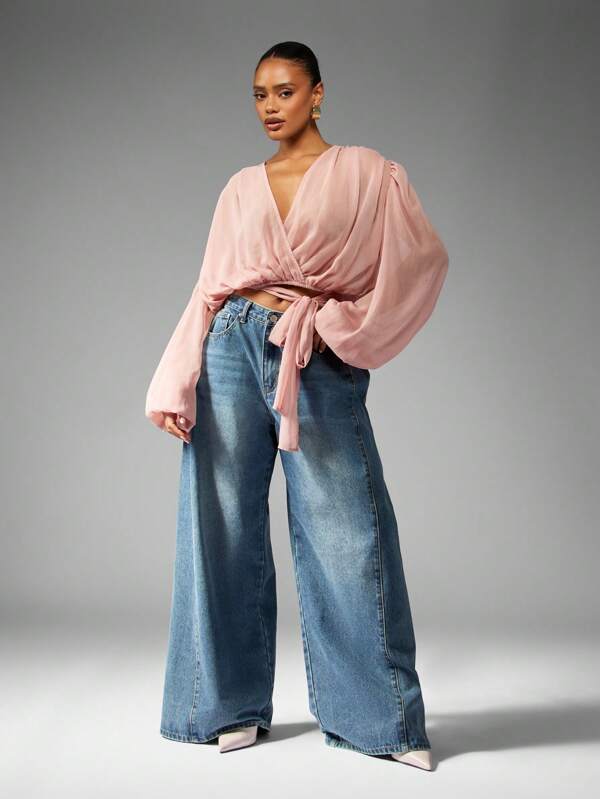 MISSGUIDED Chiffon Wrap Blouse With Balloon Sleeves And Tie Front