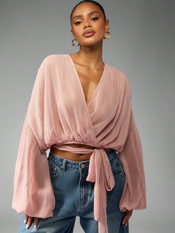MISSGUIDED Chiffon Wrap Blouse With Balloon Sleeves And Tie Front