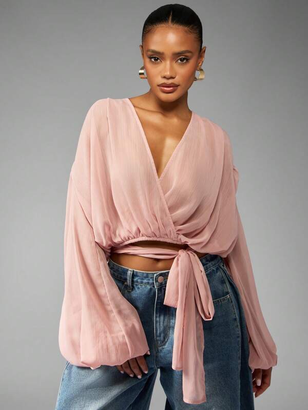 MISSGUIDED Chiffon Wrap Blouse With Balloon Sleeves And Tie Front