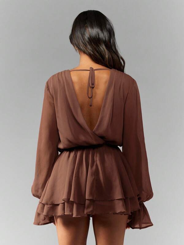 MISSGUIDED Chiffon Wrap Mini Dress With Ruffle Skirt Puff Sleeves