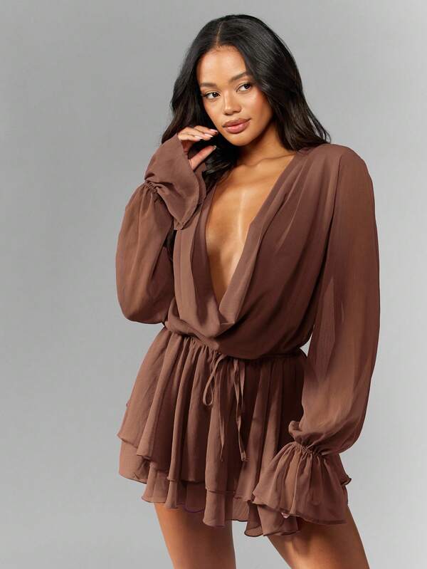 MISSGUIDED Chiffon Wrap Mini Dress With Ruffle Skirt Puff Sleeves
