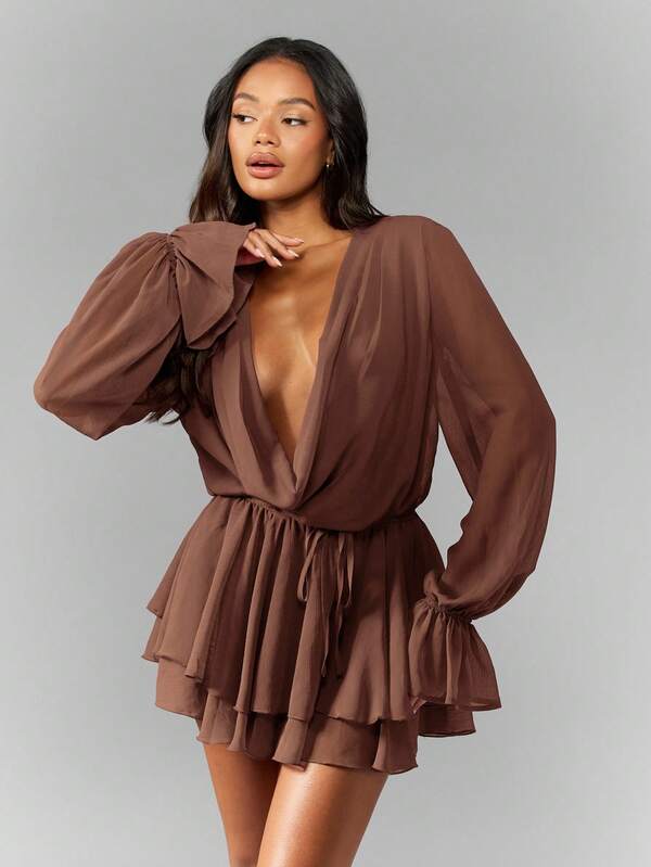 MISSGUIDED Chiffon Wrap Mini Dress With Ruffle Skirt Puff Sleeves