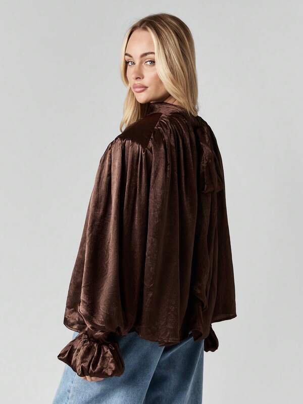 MISSGUIDED Chocolate Satin Volume Top With Wide Leg Pants