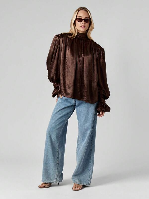 MISSGUIDED Chocolate Satin Volume Top With Wide Leg Pants