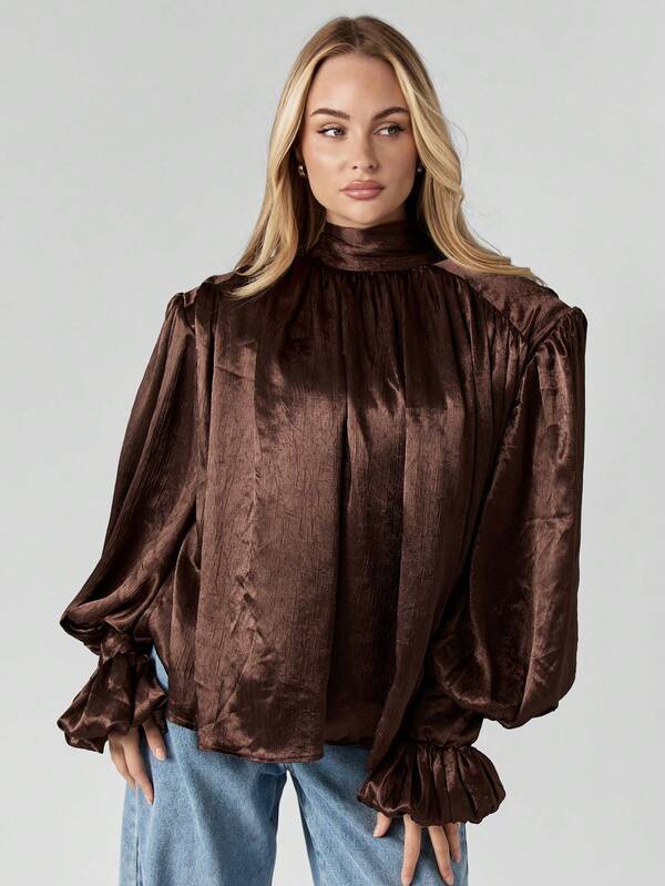 MISSGUIDED Chocolate Satin Volume Top With Wide Leg Pants