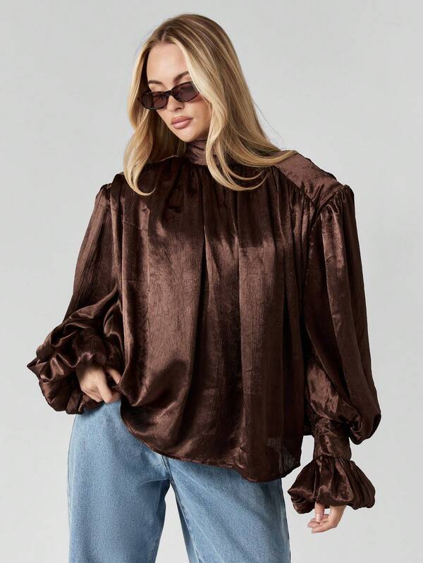 MISSGUIDED Chocolate Satin Volume Top With Wide Leg Pants