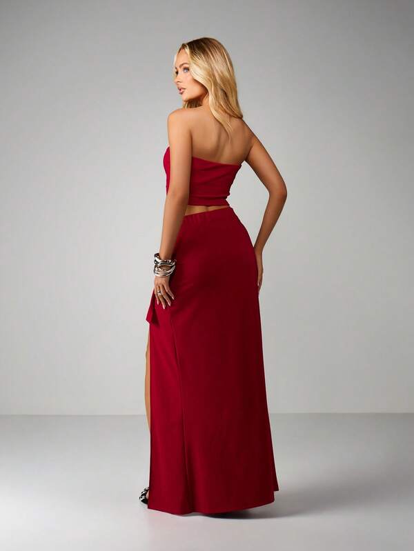 MISSGUIDED Christmas Bandeau Top And Wrap Maxi Skirt Set