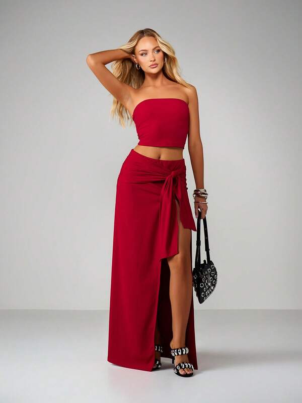 MISSGUIDED Christmas Bandeau Top And Wrap Maxi Skirt Set