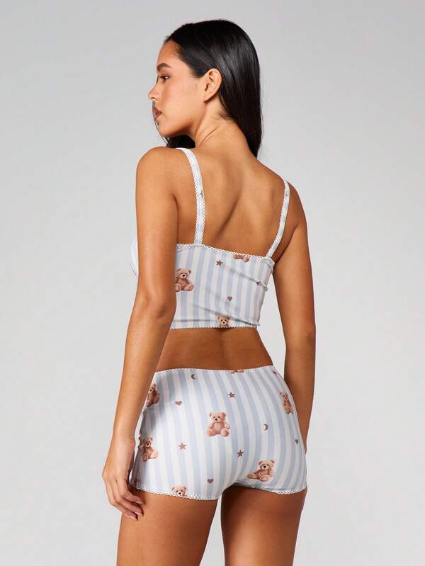 MISSGUIDED Christmas Bear Print Striped Lace Trim Set