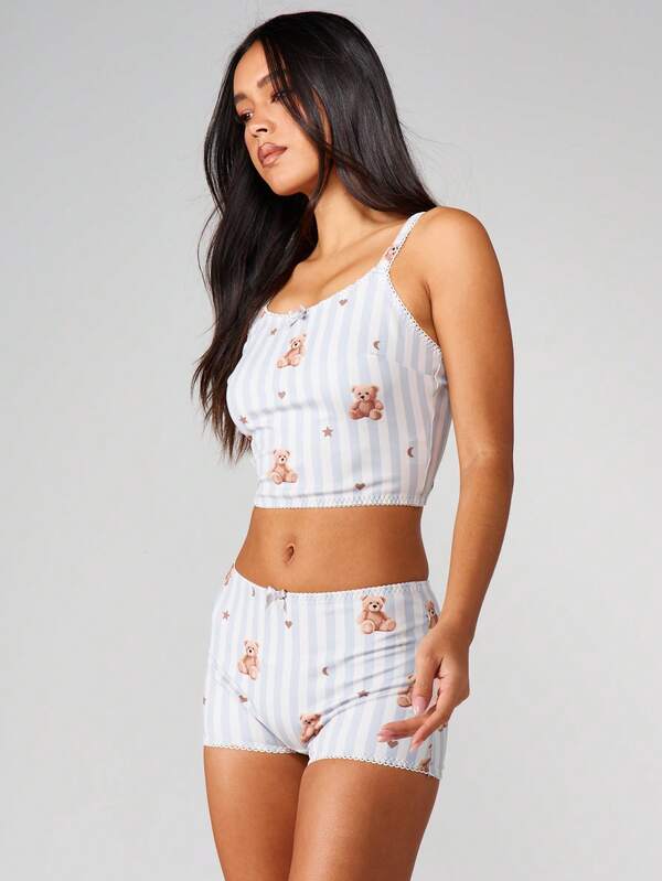 MISSGUIDED Christmas Bear Print Striped Lace Trim Set