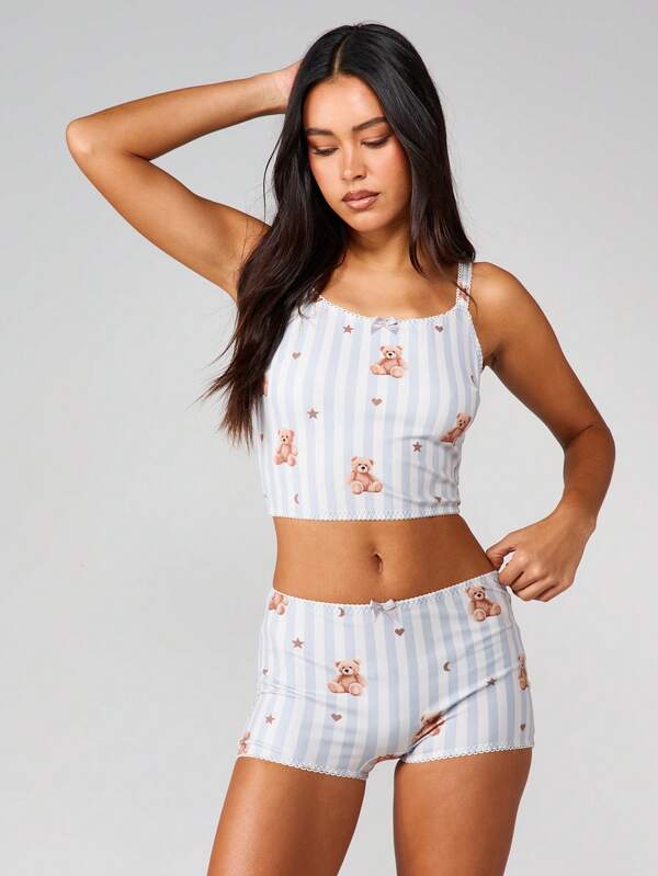 MISSGUIDED Christmas Bear Print Striped Lace Trim Set