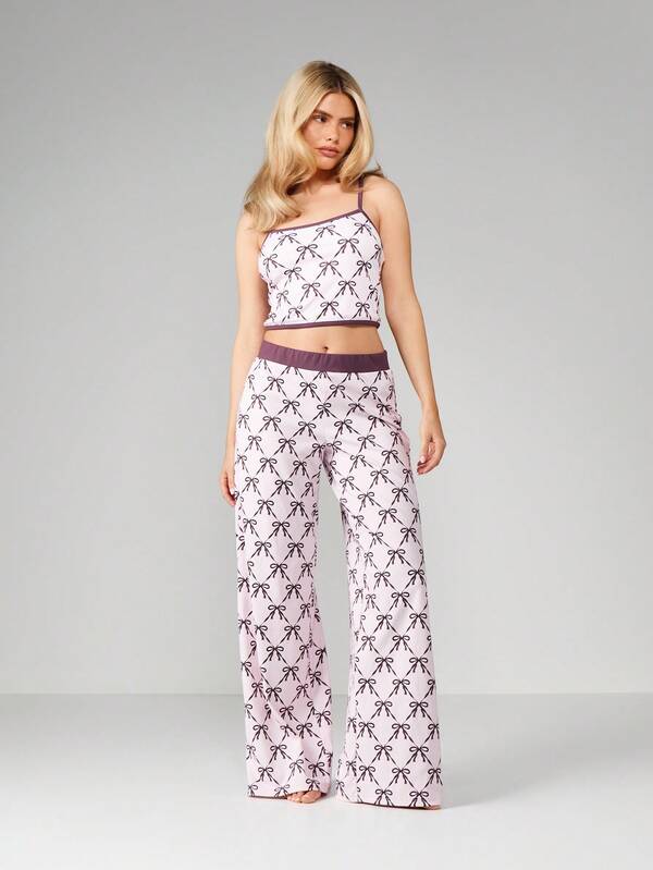 MISSGUIDED Christmas Bow Print Cami And Wide Leg Pants Set