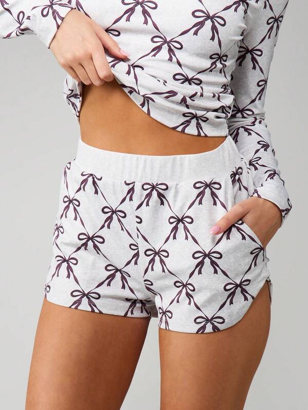 MISSGUIDED Christmas Bow Print Long Sleeve Set With Mini Shorts